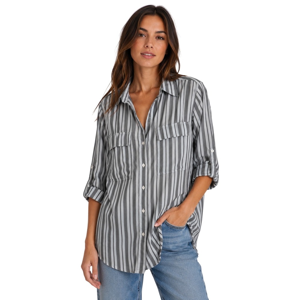 Aritzia Babaton Top Medium Gray Blue Striped Tencel Lyocell Button Down Shirt